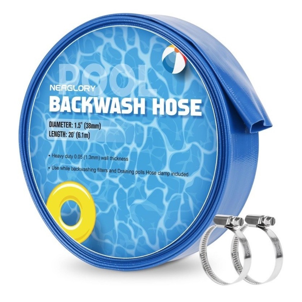 Blue Heavy Duty‎ Pool Backwash Hose 1.5 Inch x 20 Foot with Hose Clamps